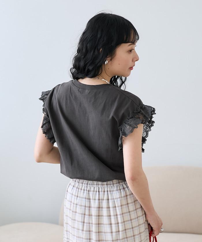 袖蕾絲拼接logo印花T恤