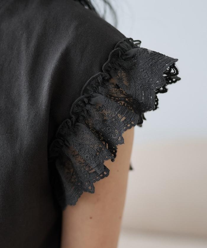 袖蕾絲拼接logo印花T恤