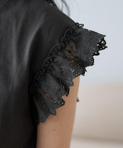 袖蕾絲拼接logo印花T恤