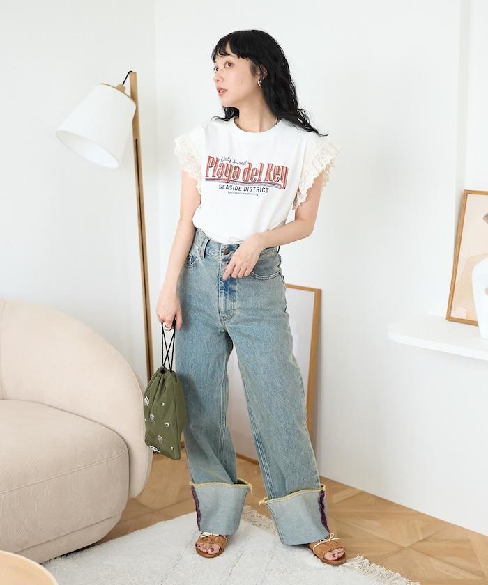 袖蕾絲拼接logo印花T恤