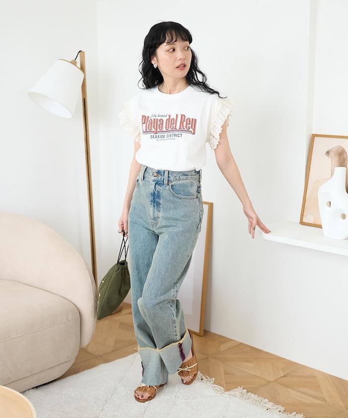 袖蕾絲拼接logo印花T恤