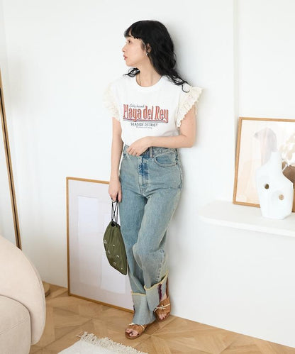 袖蕾絲拼接logo印花T恤