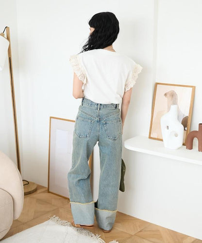 袖蕾絲拼接logo印花T恤