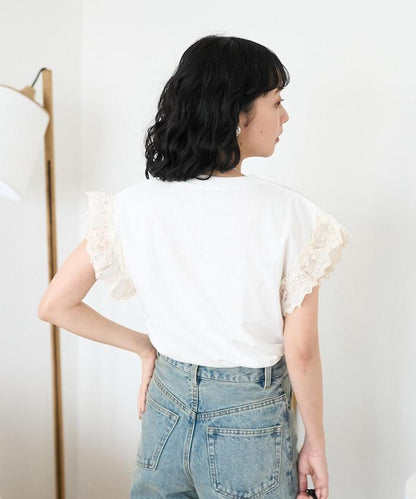 袖蕾絲拼接logo印花T恤