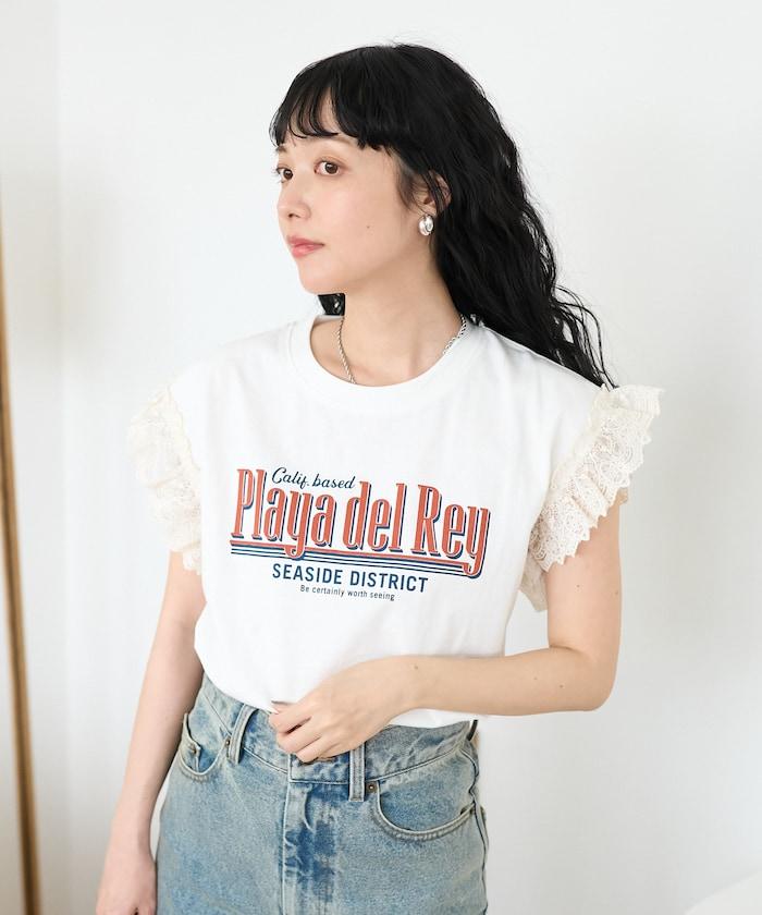 袖蕾絲拼接logo印花T恤