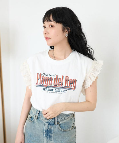 袖蕾絲拼接logo印花T恤