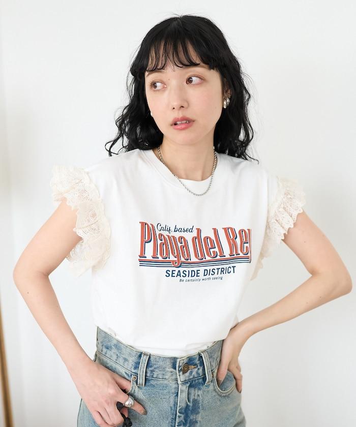 袖蕾絲拼接logo印花T恤