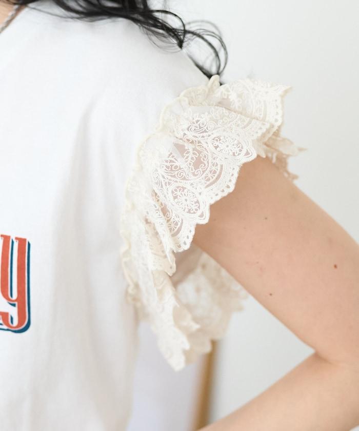 袖蕾絲拼接logo印花T恤