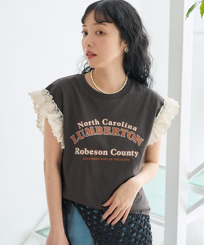 袖蕾絲拼接logo印花T恤