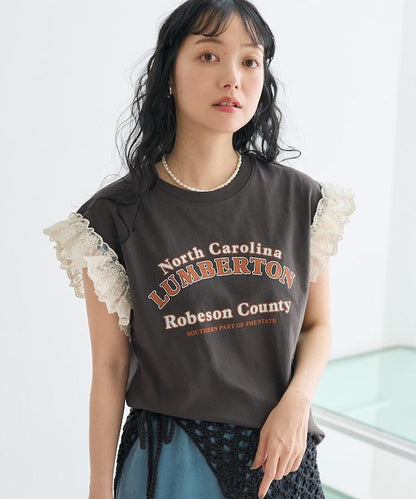 袖蕾絲拼接logo印花T恤