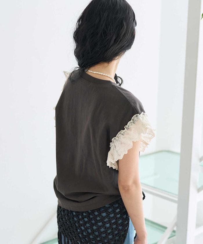 袖蕾絲拼接logo印花T恤