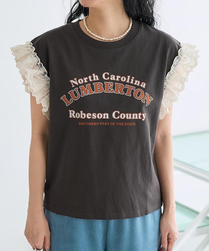 袖蕾絲拼接logo印花T恤