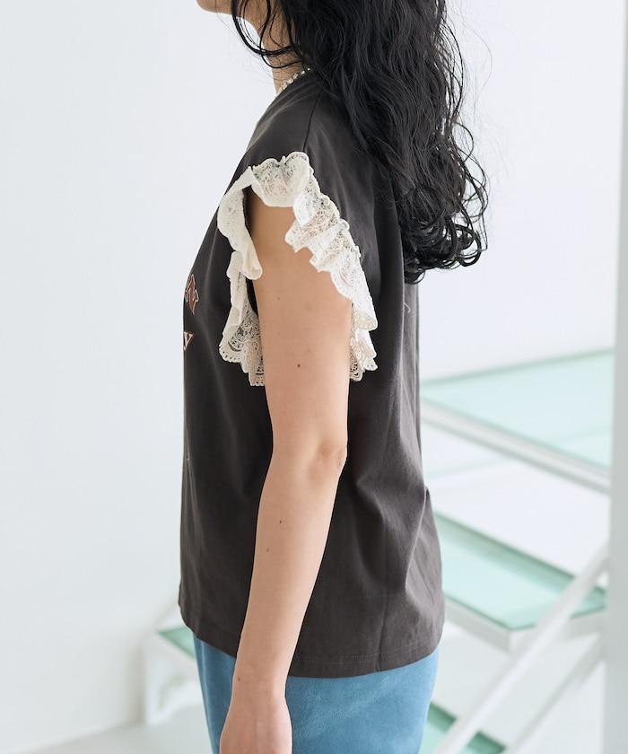 袖蕾絲拼接logo印花T恤