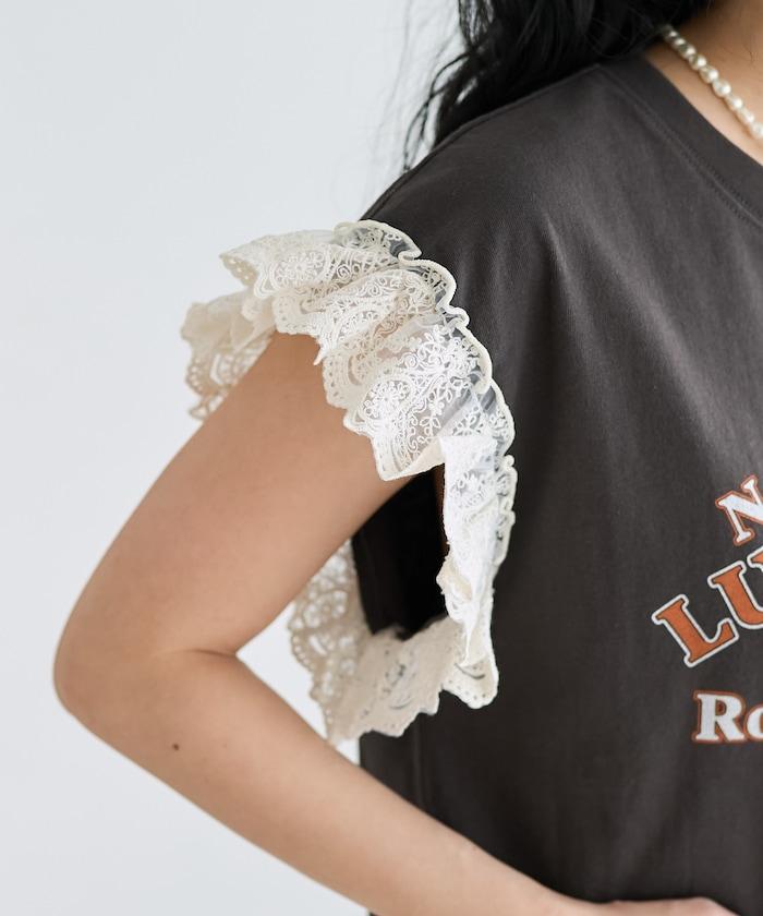 袖蕾絲拼接logo印花T恤