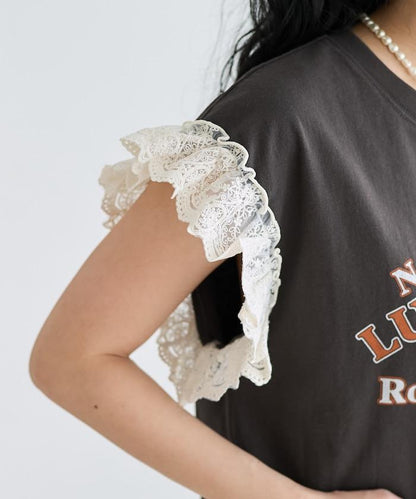 袖蕾絲拼接logo印花T恤