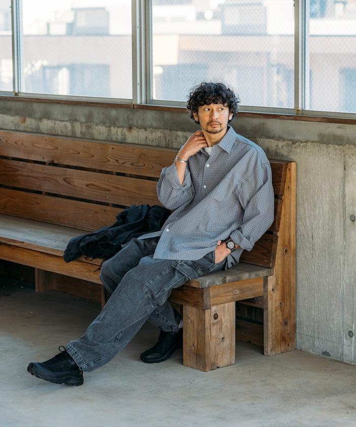 普通顏色 長袖格子襯衫 褶皺加工