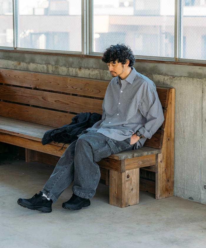 普通顏色 長袖格子襯衫 褶皺加工