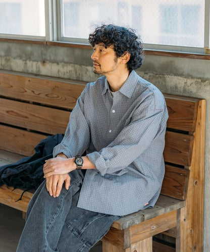 普通顏色 長袖格子襯衫 褶皺加工