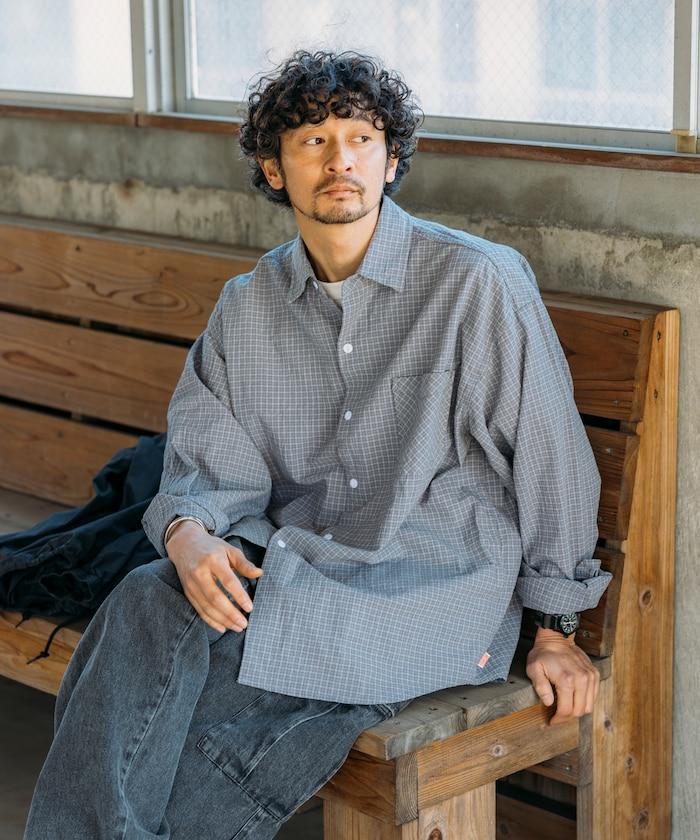 普通顏色 長袖格子襯衫 褶皺加工