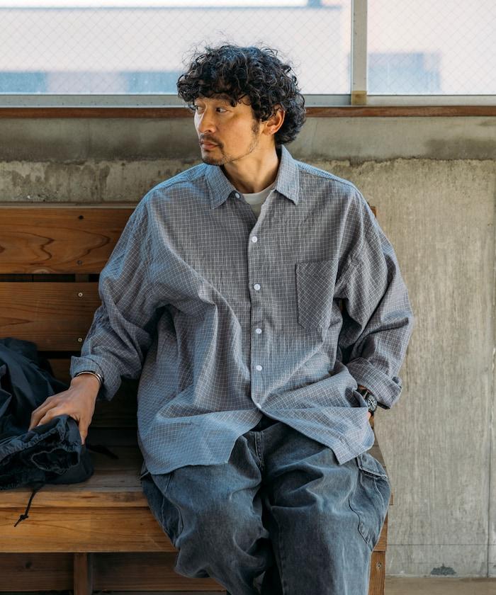 普通顏色 長袖格子襯衫 褶皺加工