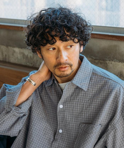 普通顏色 長袖格子襯衫 褶皺加工