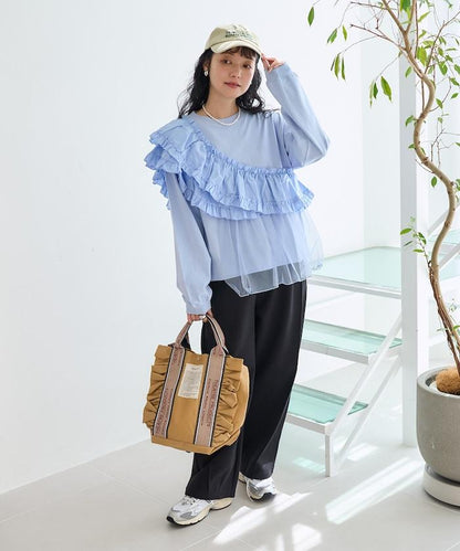 褶邊蕾絲拼接長袖T恤