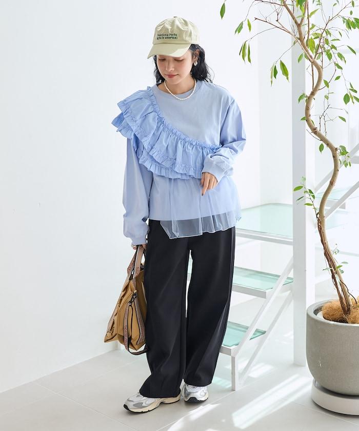 褶邊蕾絲拼接長袖T恤