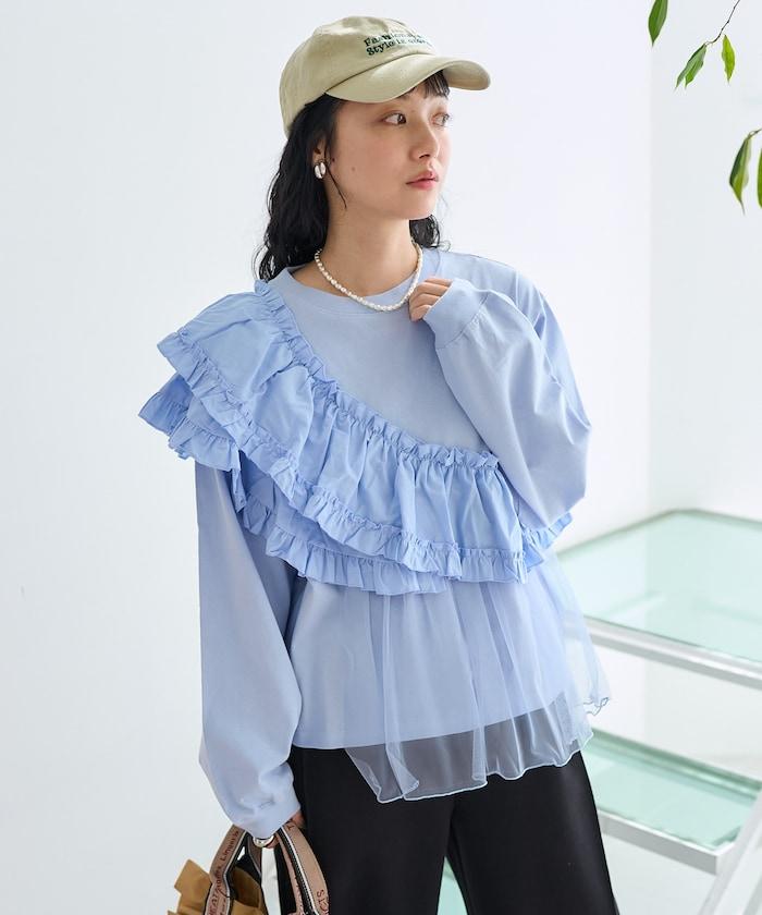 褶邊蕾絲拼接長袖T恤