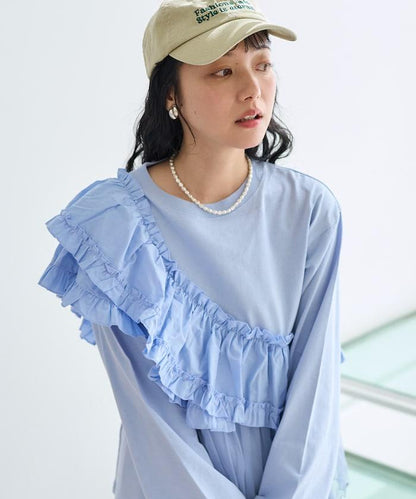 褶邊蕾絲拼接長袖T恤