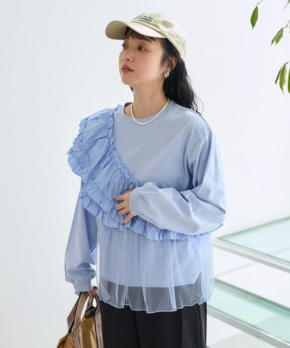 褶邊蕾絲拼接長袖T恤