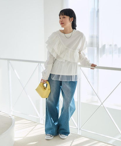 褶邊蕾絲拼接長袖T恤