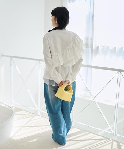 褶邊蕾絲拼接長袖T恤