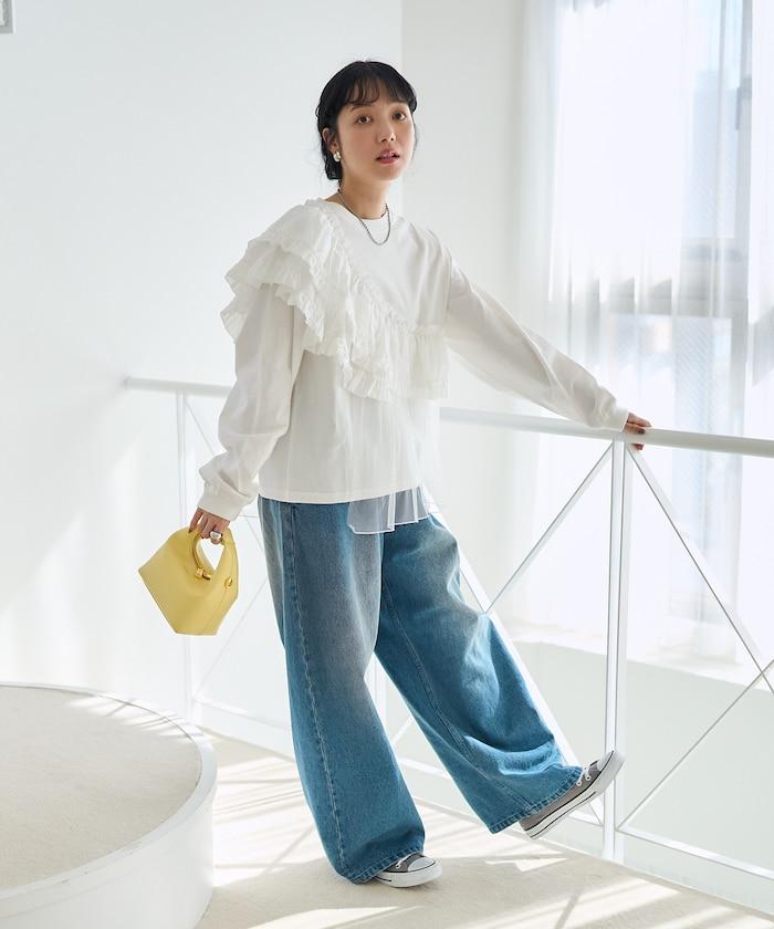 褶邊蕾絲拼接長袖T恤