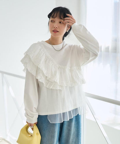 褶邊蕾絲拼接長袖T恤