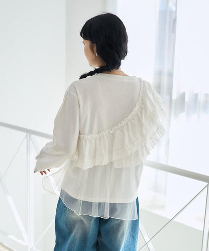 褶邊蕾絲拼接長袖T恤