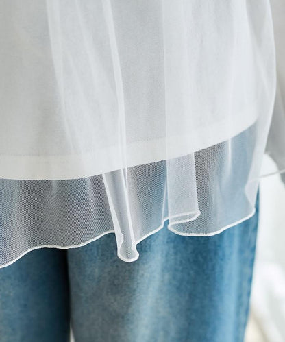 褶邊蕾絲拼接長袖T恤