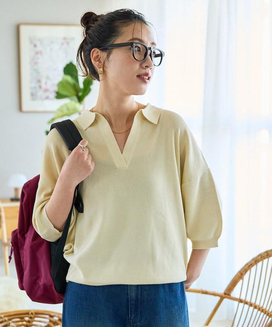 短袖 翻領 領帶 闊脖 夏季針織衫【限定推出】