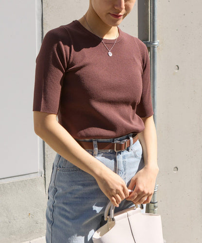 【SS優先】人造絲條紋圓領短袖針織衫