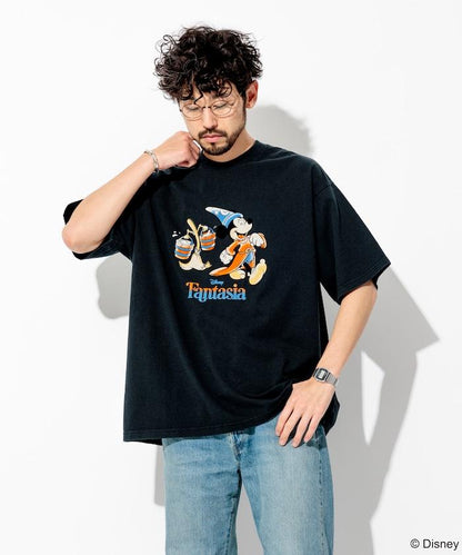 DISNEY/《迪士尼》/『幻想曲』/藍色/米奇老鼠/絨布印花 圓領T恤