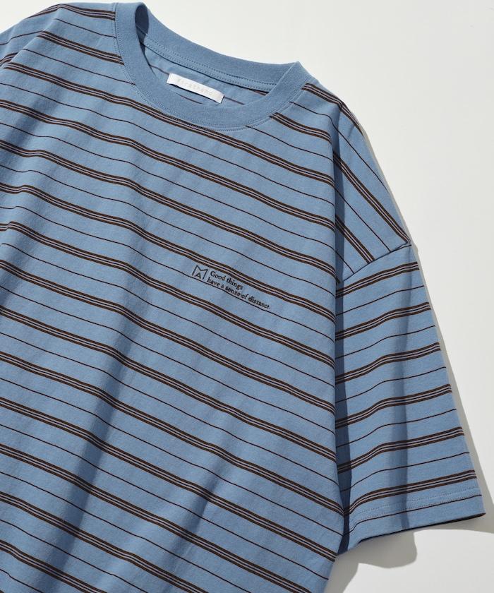 BASIC標誌刺繡T恤條紋/一點刺繡條紋T恤/短袖