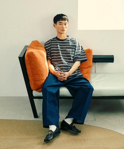 BASIC標誌刺繡T恤條紋/一點刺繡條紋T恤/短袖