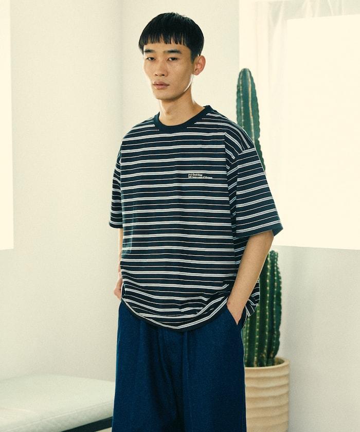 BASIC標誌刺繡T恤條紋/一點刺繡條紋T恤/短袖