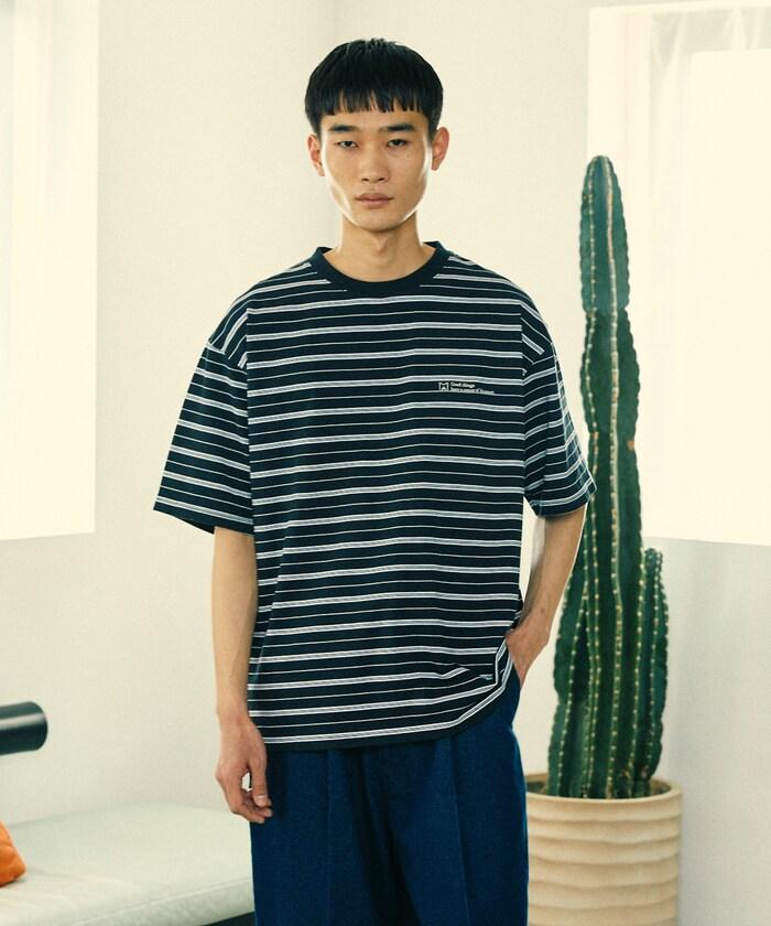 BASIC標誌刺繡T恤條紋/一點刺繡條紋T恤/短袖
