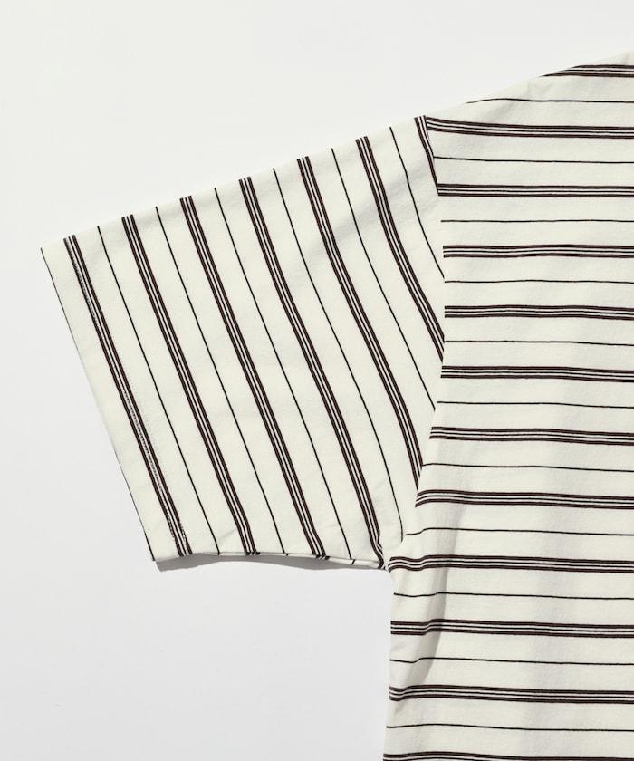 BASIC標誌刺繡T恤條紋/一點刺繡條紋T恤/短袖