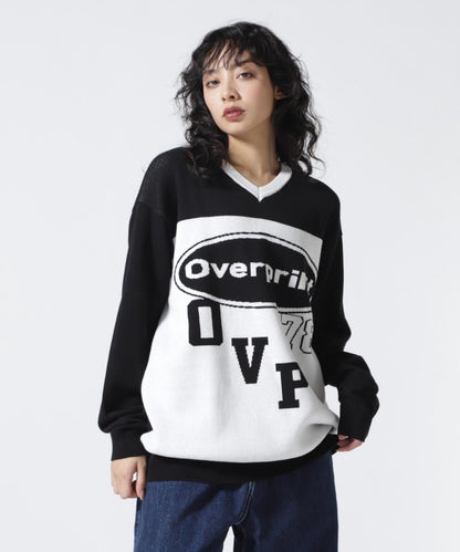 overprint/覆印/O型V領棉針織衫