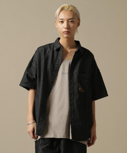 【&DEPOT限定】白色土地/貓頭鷹/牛仔短袖襯衫