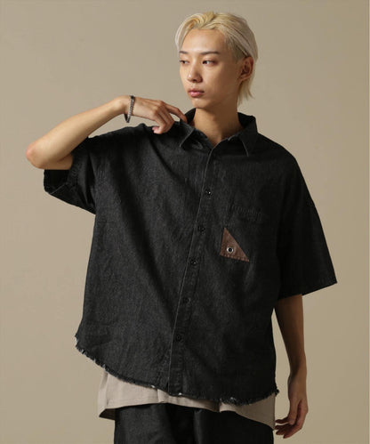 【&DEPOT限定】白色土地/貓頭鷹/牛仔短袖襯衫