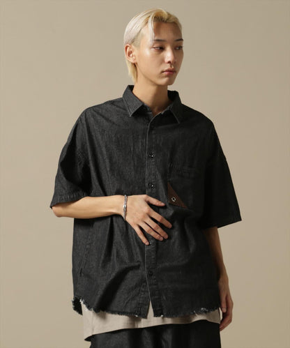 【&DEPOT限定】白色土地/貓頭鷹/牛仔短袖襯衫