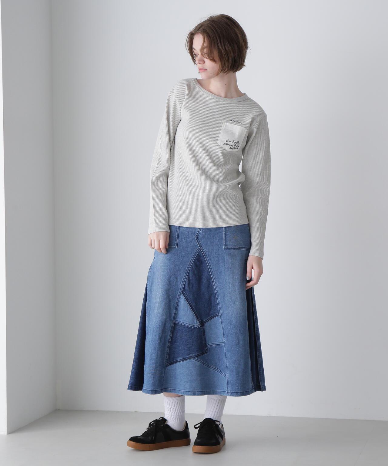 LS COLOR STITCH EMB WAFFLE T-SHIRT/彩色拼接刺繡格子T恤
