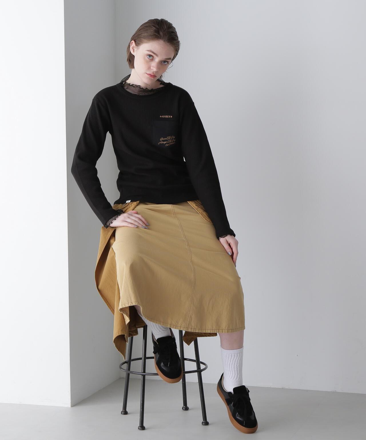 LS COLOR STITCH EMB WAFFLE T-SHIRT/彩色拼接刺繡格子T恤